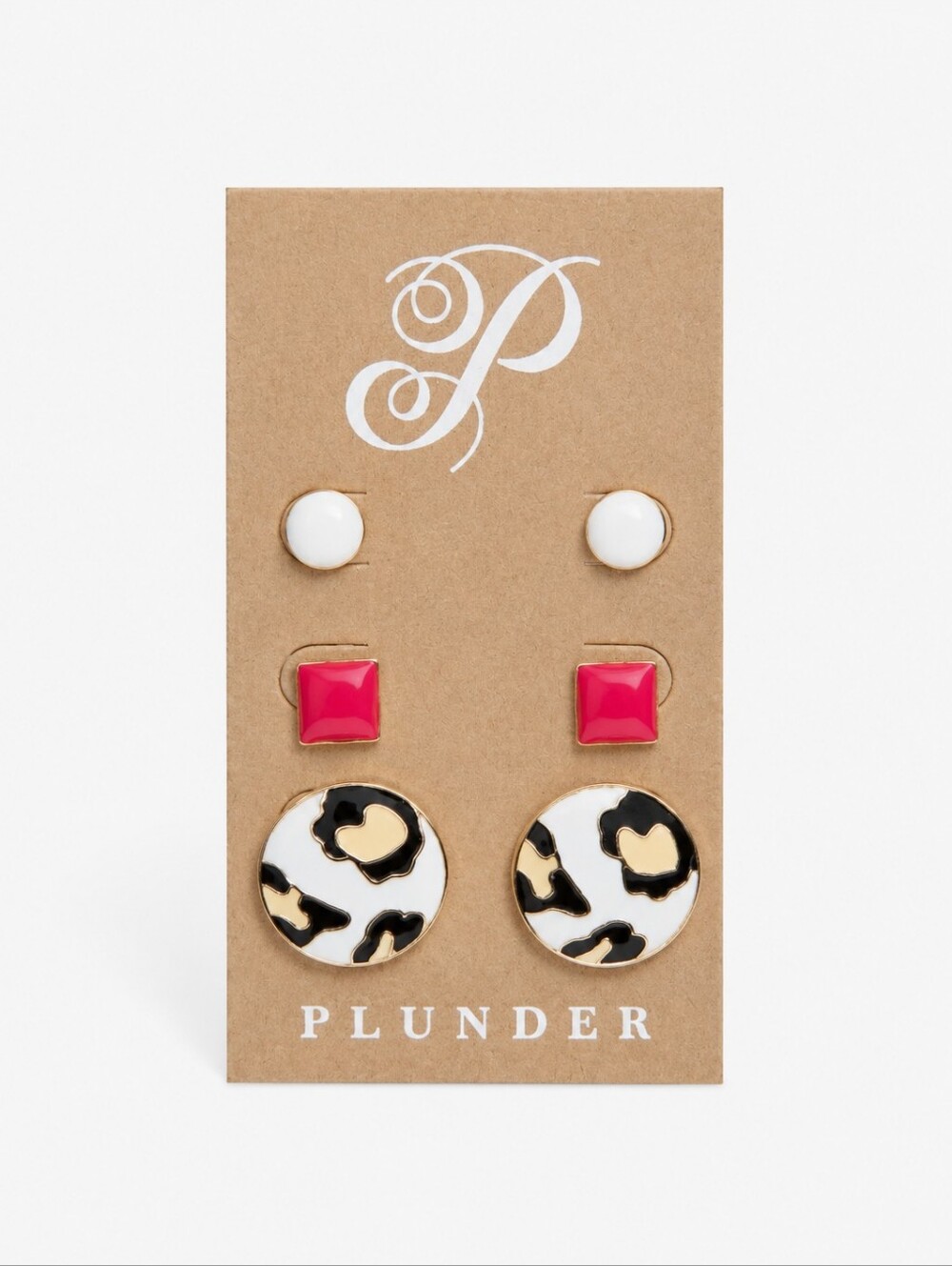 Plunder NWT Three-Pair Earring Set — White, Red & Gold Leopard